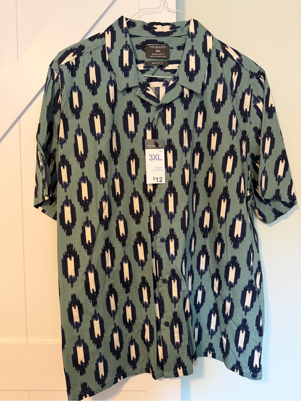 Primark Men’s Short Sleeve Button-Up Shirt - Green Pattern, 3XL